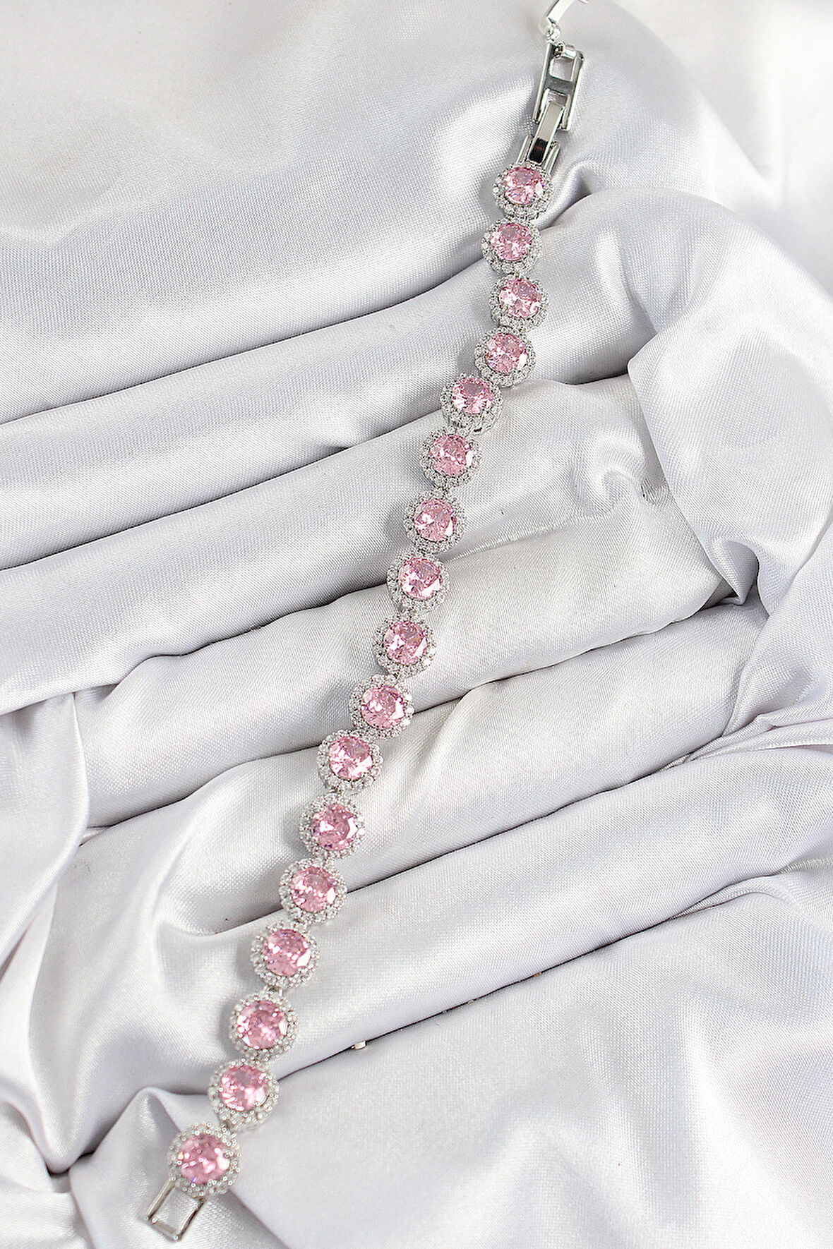 Zarif Kadın için Silver Pirinç Pembe Zirkonlu Daire Baget  Prestij Bileklik