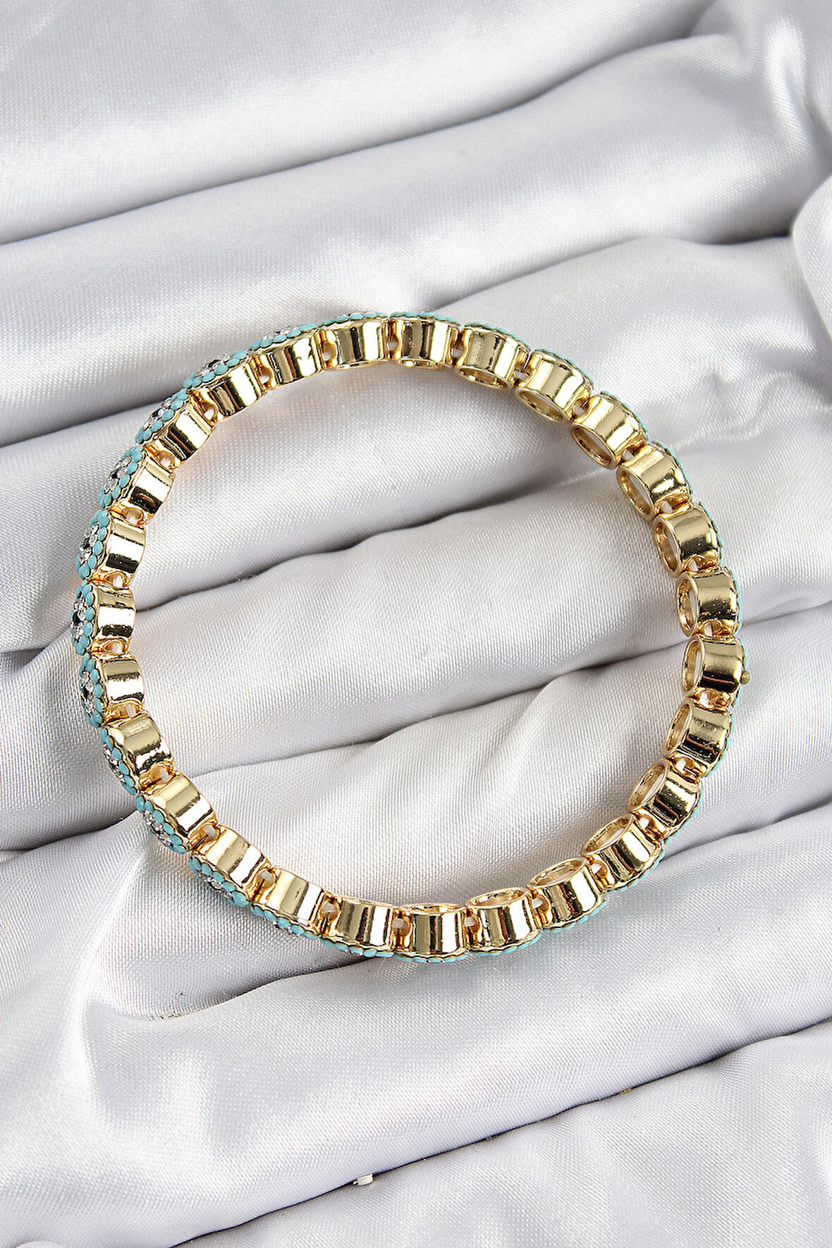 Zarif Kadın için Golden Pirinç Zirkonlu Turkuaz Nazarlıklı Lastikli Bileklik