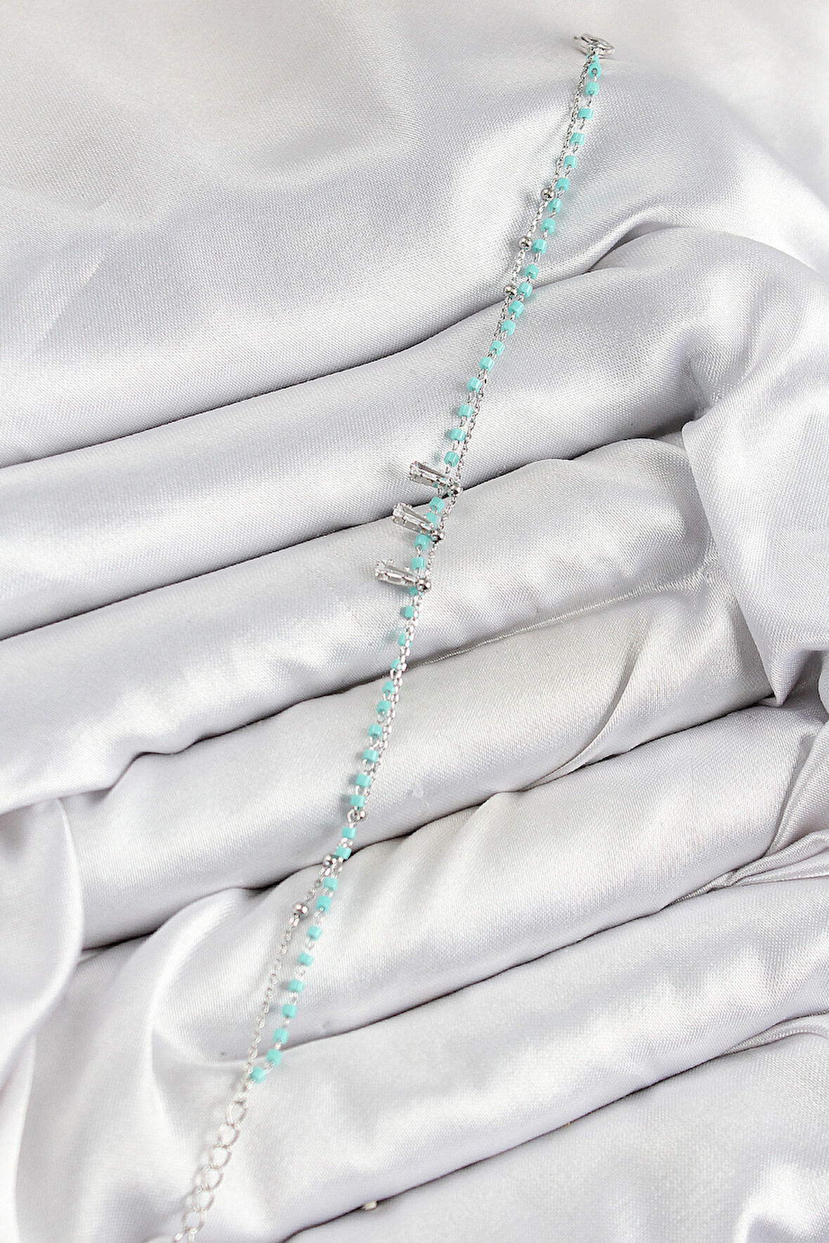 Zarif Kadın için Silver Pirinç Zirkonlu Mavi Boncuklu Bileklik