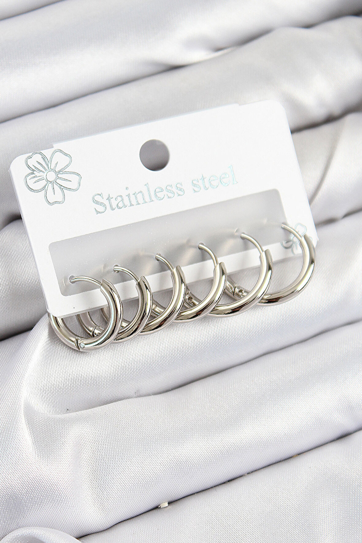 Zarif Kadın için Silver Çelik Halka Stil Üçlü Küpe Seti