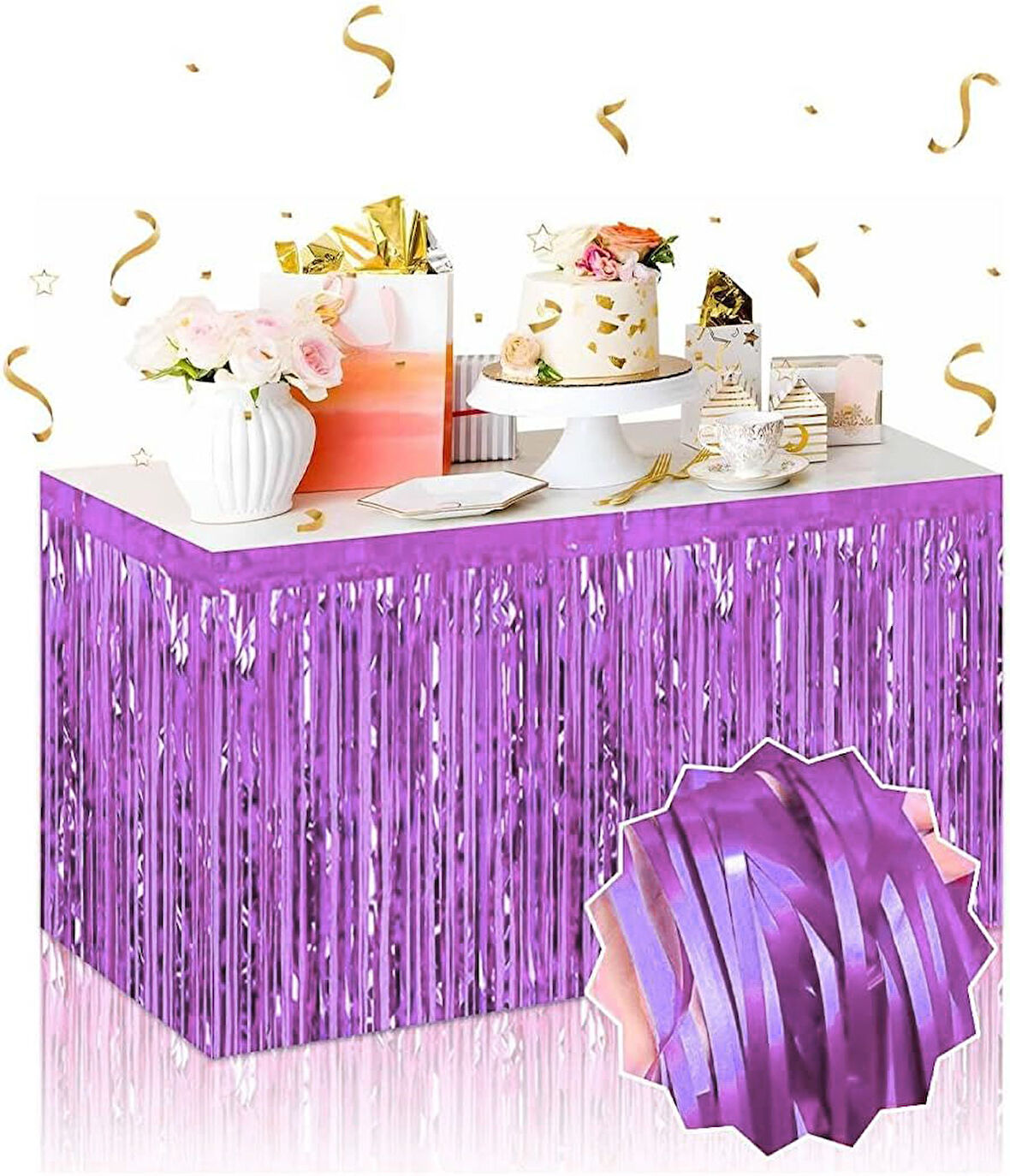 Büro Ev Ofis Etkinik Dekoru için Yapışkanlı Mor Metalize Püsküllü Masa Eteği