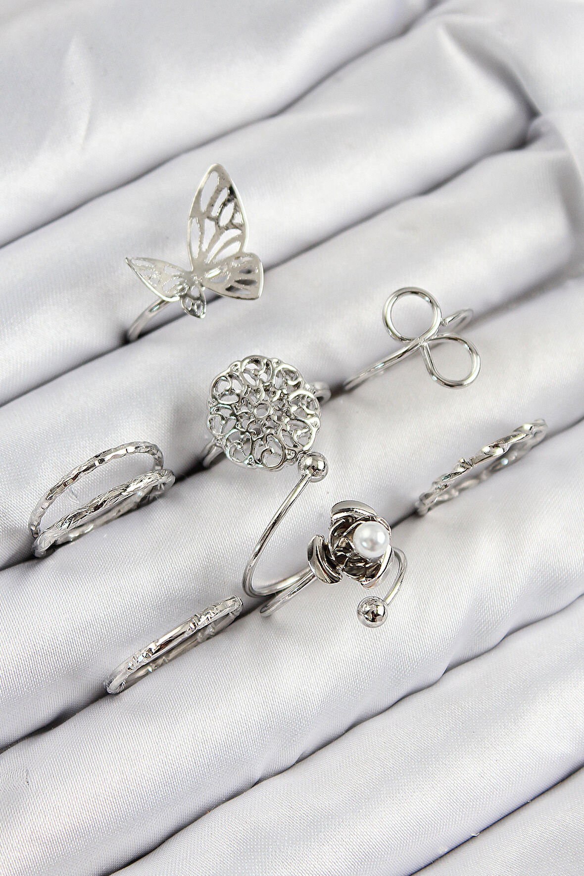 Zarif Kadın için Silver Pirinç Gül Kelebek Tip Yüzük Kombin Seti