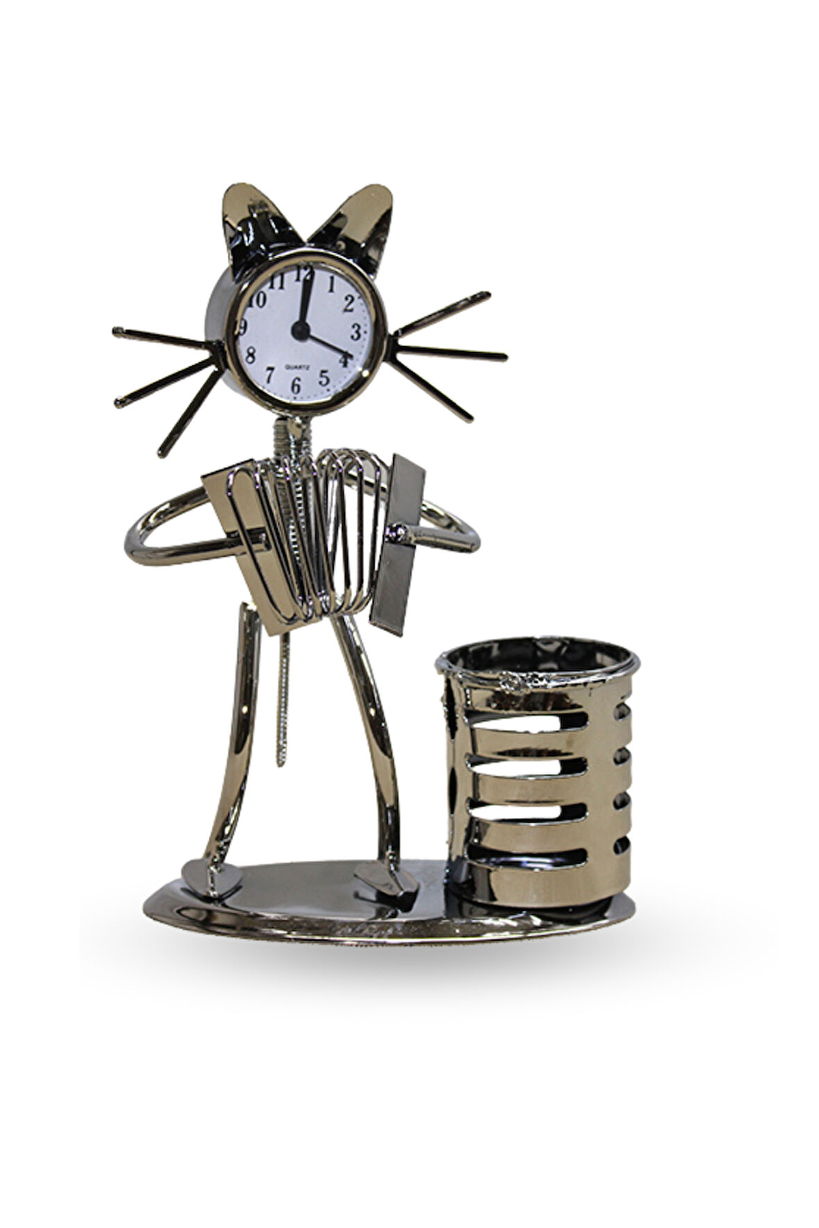 Büro Ev Ofis Hediyesi için 17X12CM Metal Kalemlikli Akordiyonlu Kedi Masa Saati