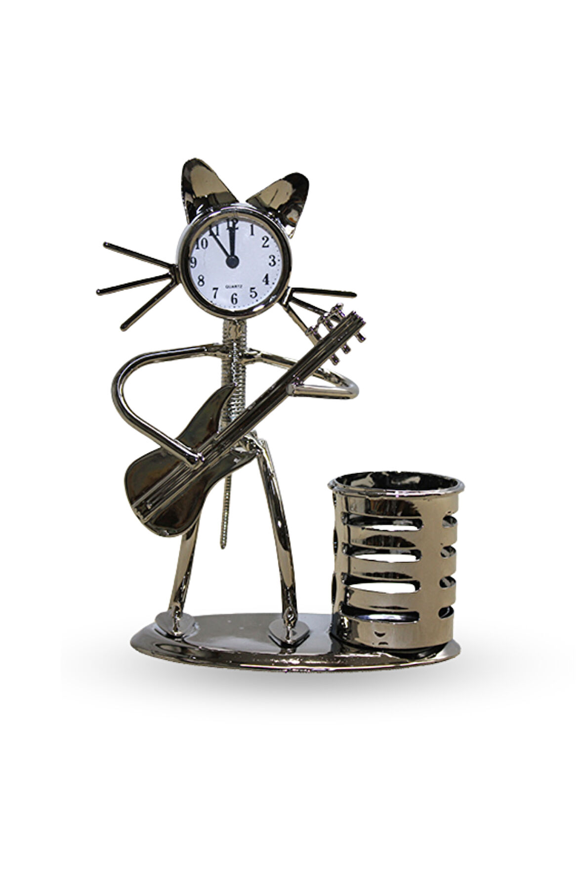 Büro Ev Ofis Hediyesi için 17X12CM Metal Kalemlikli Gitarist Kedi Masa Saati