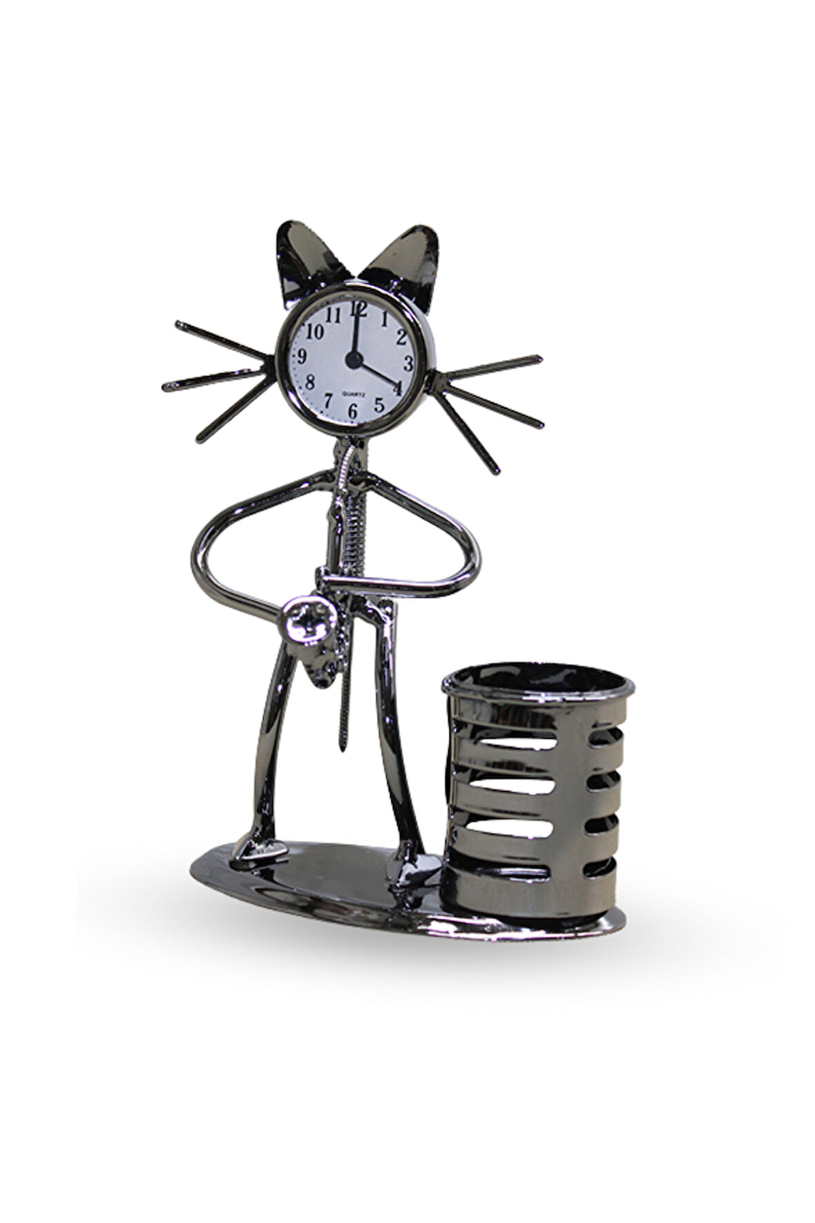 Büro Ev Ofis Hediyesi için 17X12CM Metal Kalemlikli Saksofonlu Kedi Masa Saati