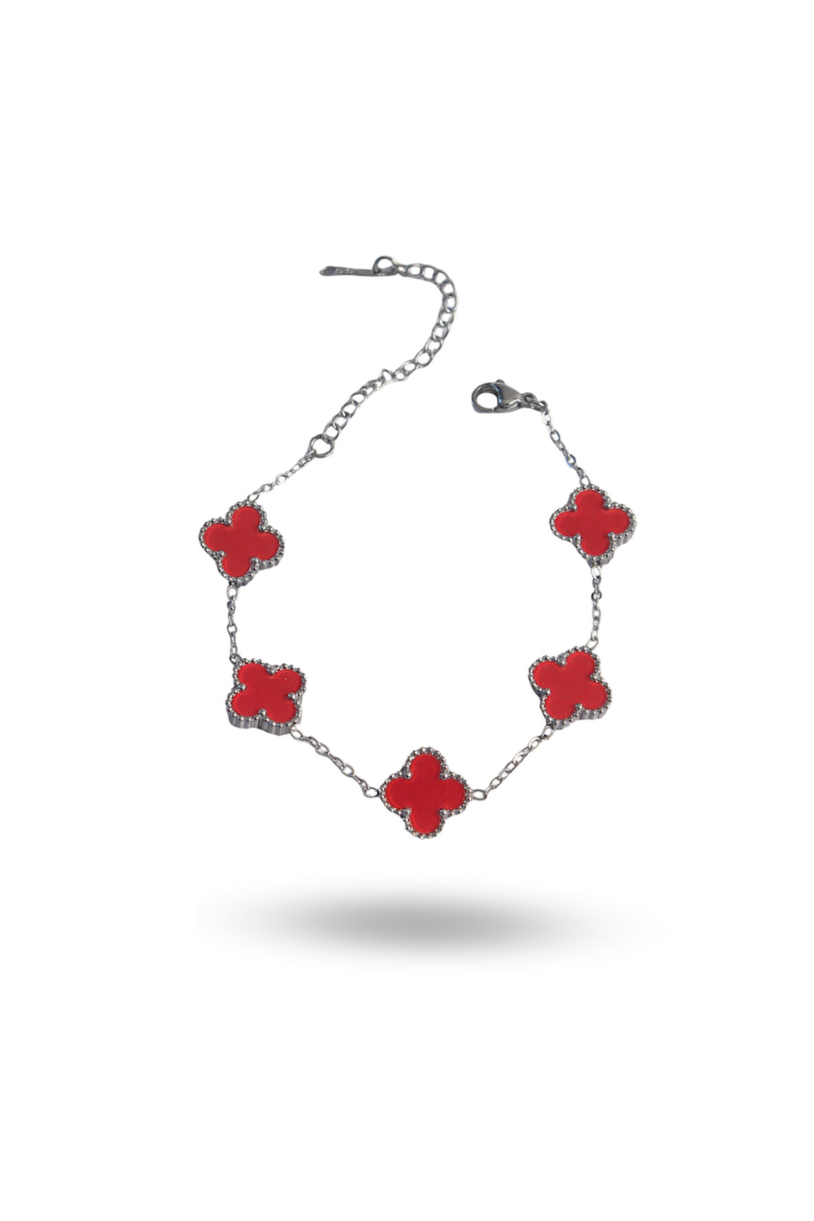 Zarif Kadın için Silver Çelik Kırmızı Mineli Yonca Bileklik