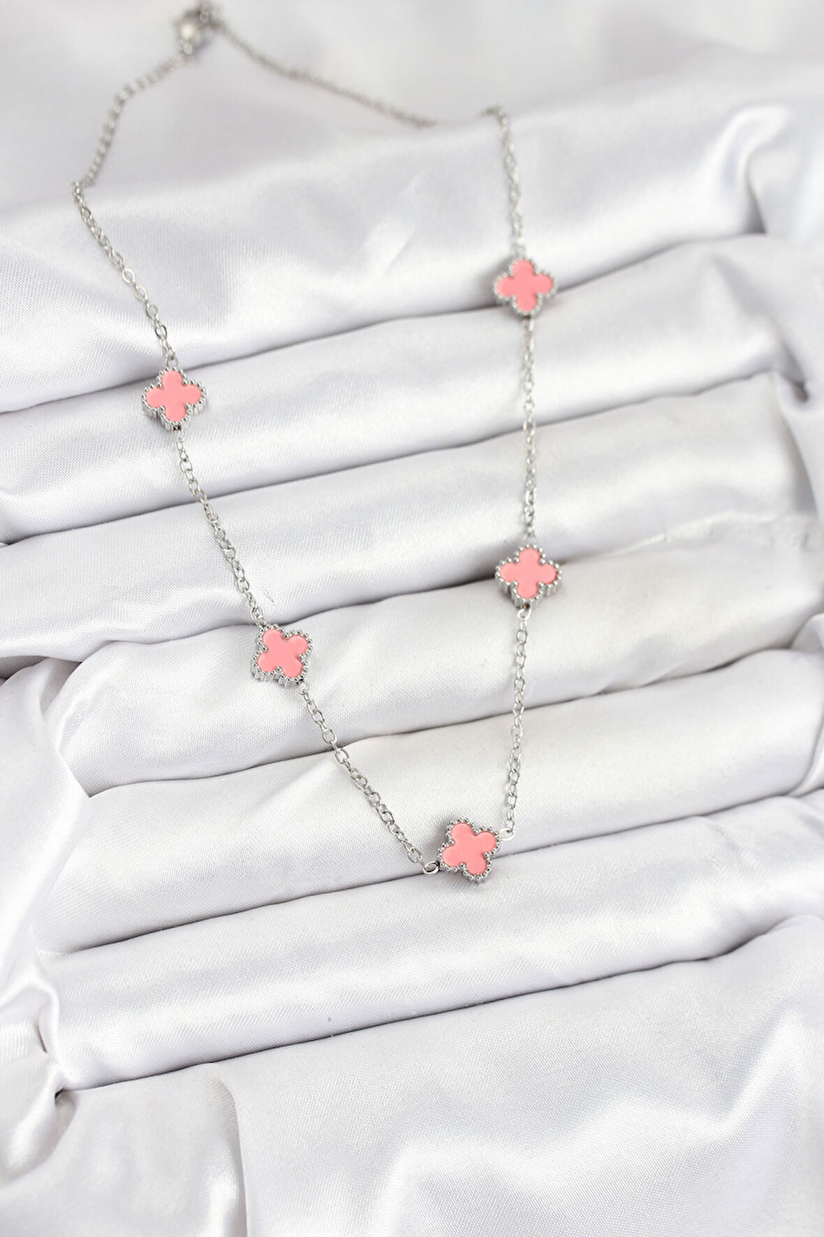 Zarif Kadın için Silver Çelik Pembe Baby Boy Yonca Zincir Kolye