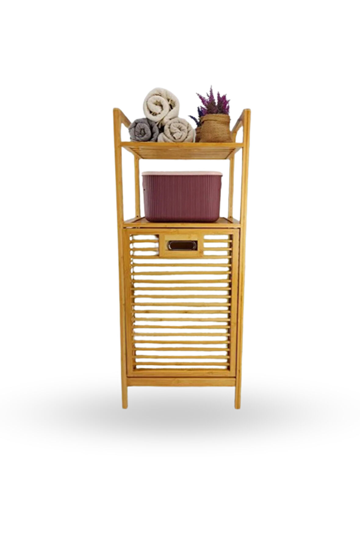 Büro Ev Ofis Dekoru için 40X35X95CM 2 Raflı Kumaş Hazneli Ahşap Kirli Çamaşır Sepeti