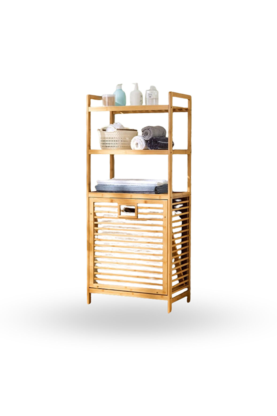 Büro Ev Ofis Dekoru için 40X30X130CM 3 Raflı Kumaş Hazneli Ahşap Kirli Çamaşır Sepeti
