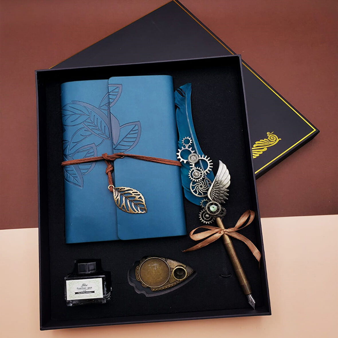 Büro Ev Ofis Hediyesi için Retro Mavi Kaligrafi Kalem Deri Defter Seti