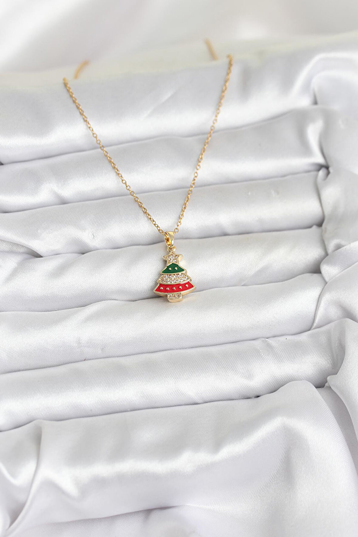 Zarif Boyunlar için Golden Çelik Ren Çam Ağacı Zirkonlu Yılbaşı Tema Kadın Kolye
