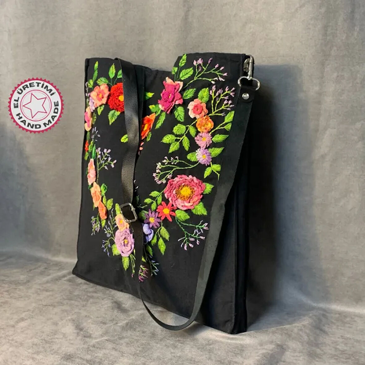 Uretti - Tülin 3528 El Yapımı Keten Siyah Nakışlı Omuz Çantası
