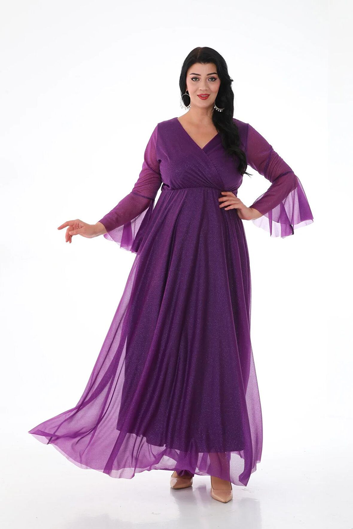 KADIN SİMLİ TÜL KRUVAZE YAKA UZUN KOL UZUN ABİYE