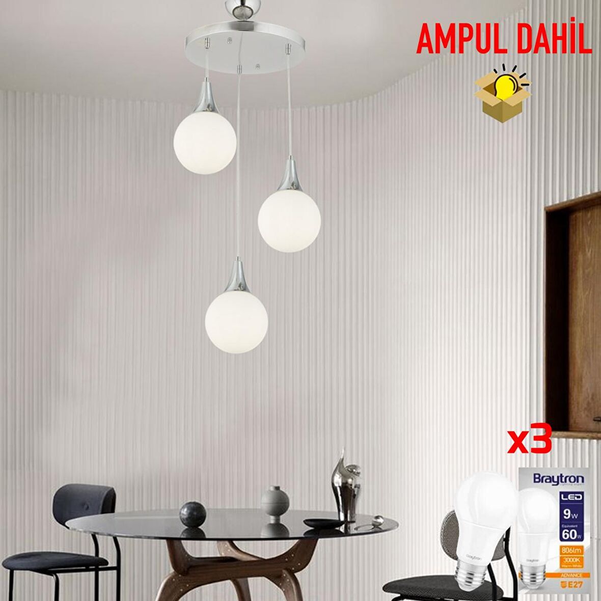 Damla 3 Lü Yuvarlak Krom -Led Ampul  Dahil Modern Koridor Mutfak Salon Sarkıt Avize