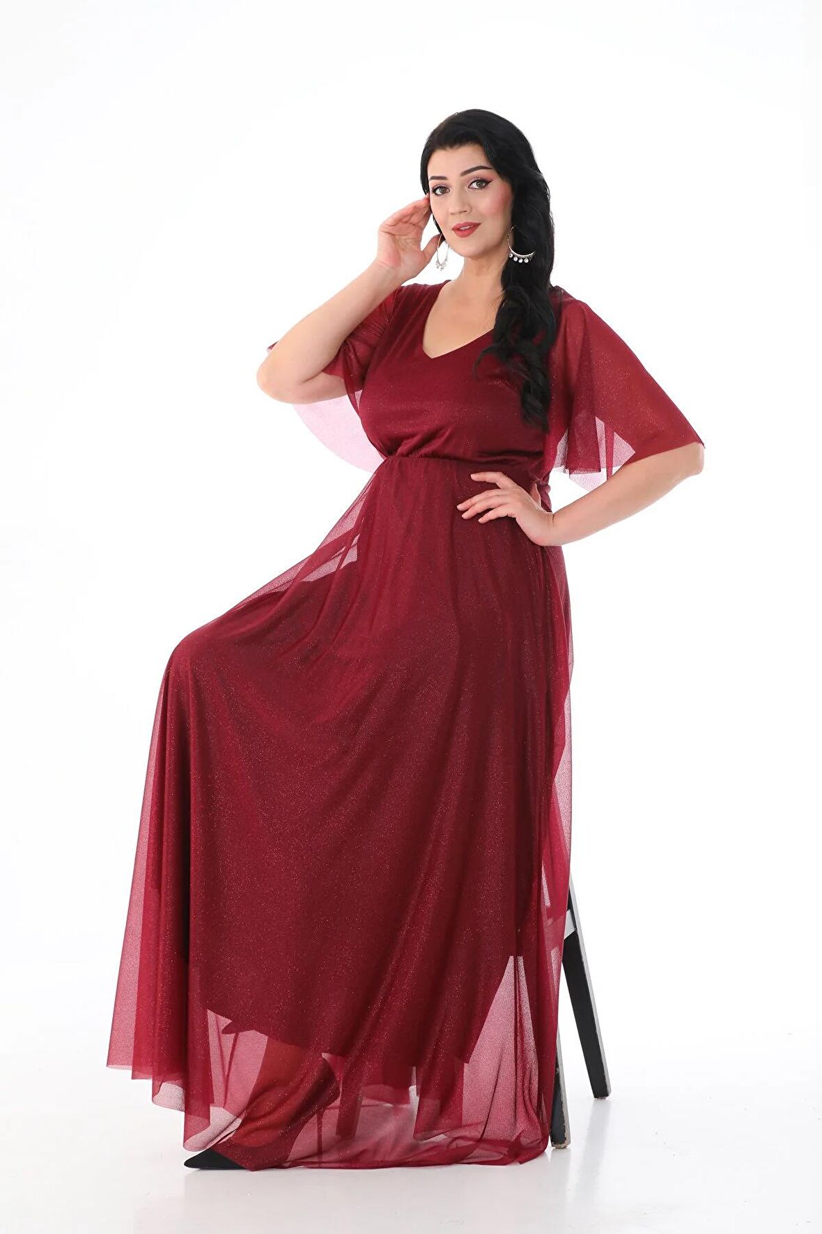 KADIN V YAKA SİMLİ TÜL YARIM KOL UZUN ABİYE