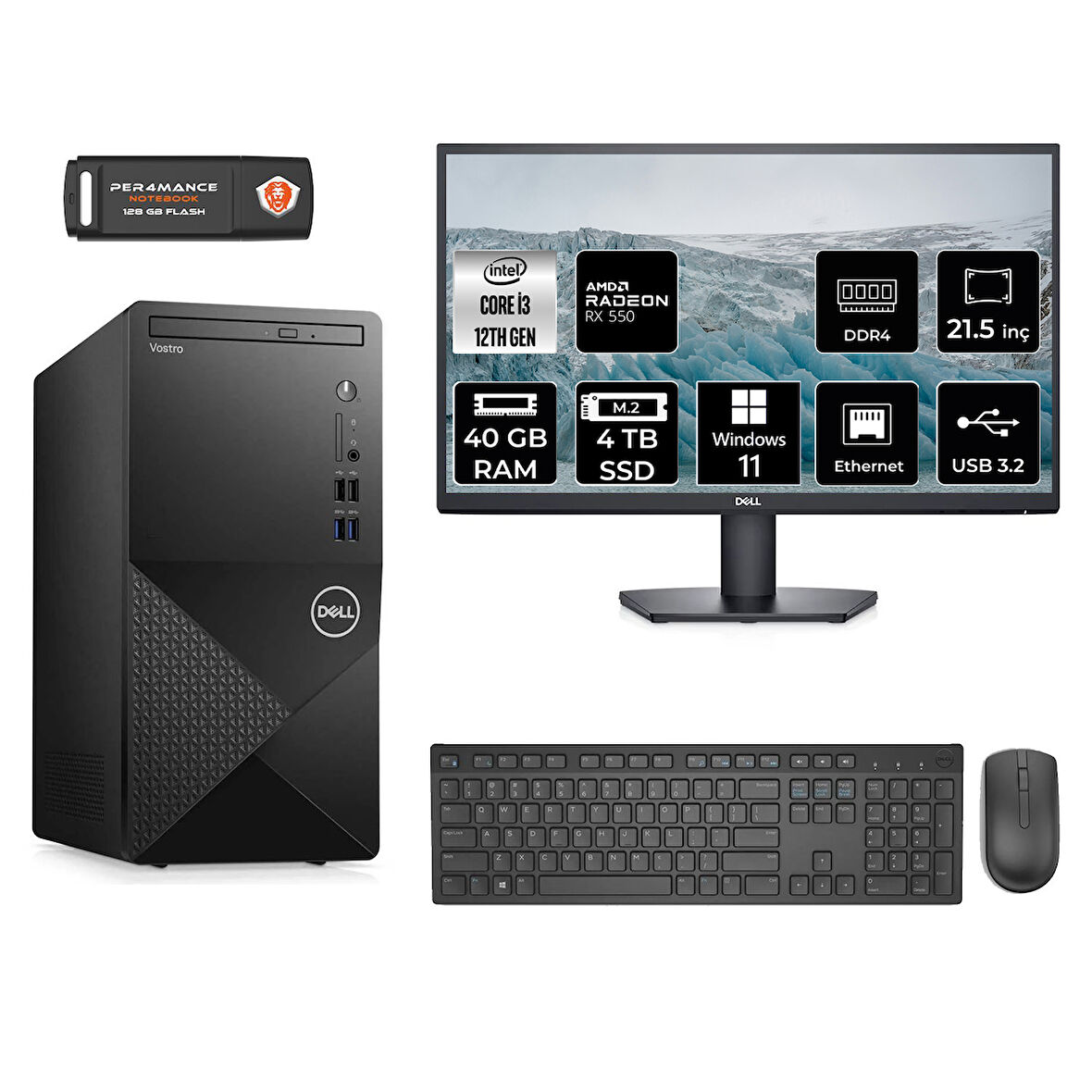 DELL VOSTRO 3910 MN35633910D290 i3 12100 40GB RAM 4TB SSD RX550 4GB 21.5" W11P MASAÜSTÜ PC