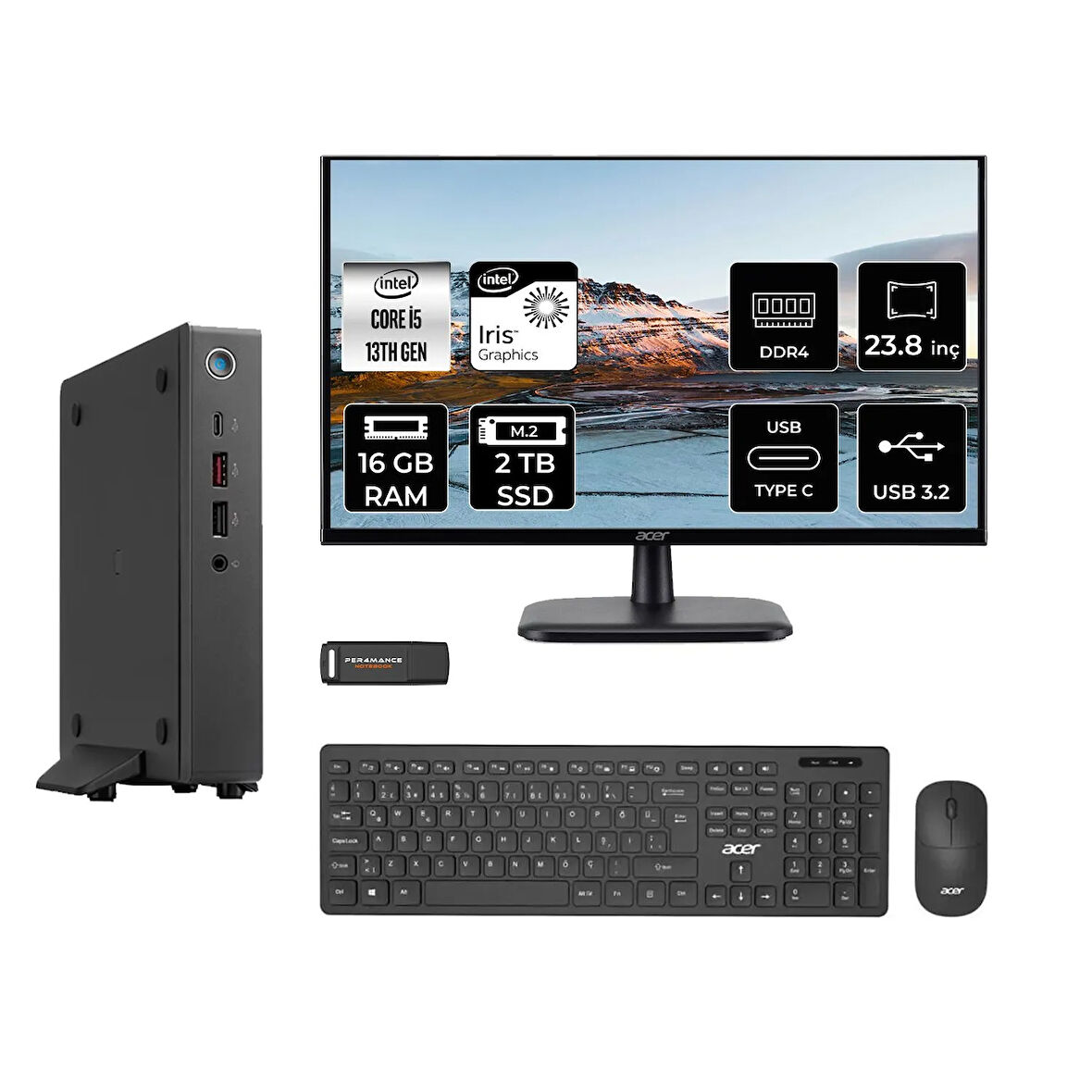 Acer Veriton 2000 i5 1334U 16GB 2TB SSD 23.8" FHD FDOS Mini Masaüstü Bilgisayar & PER4 USB Bellek