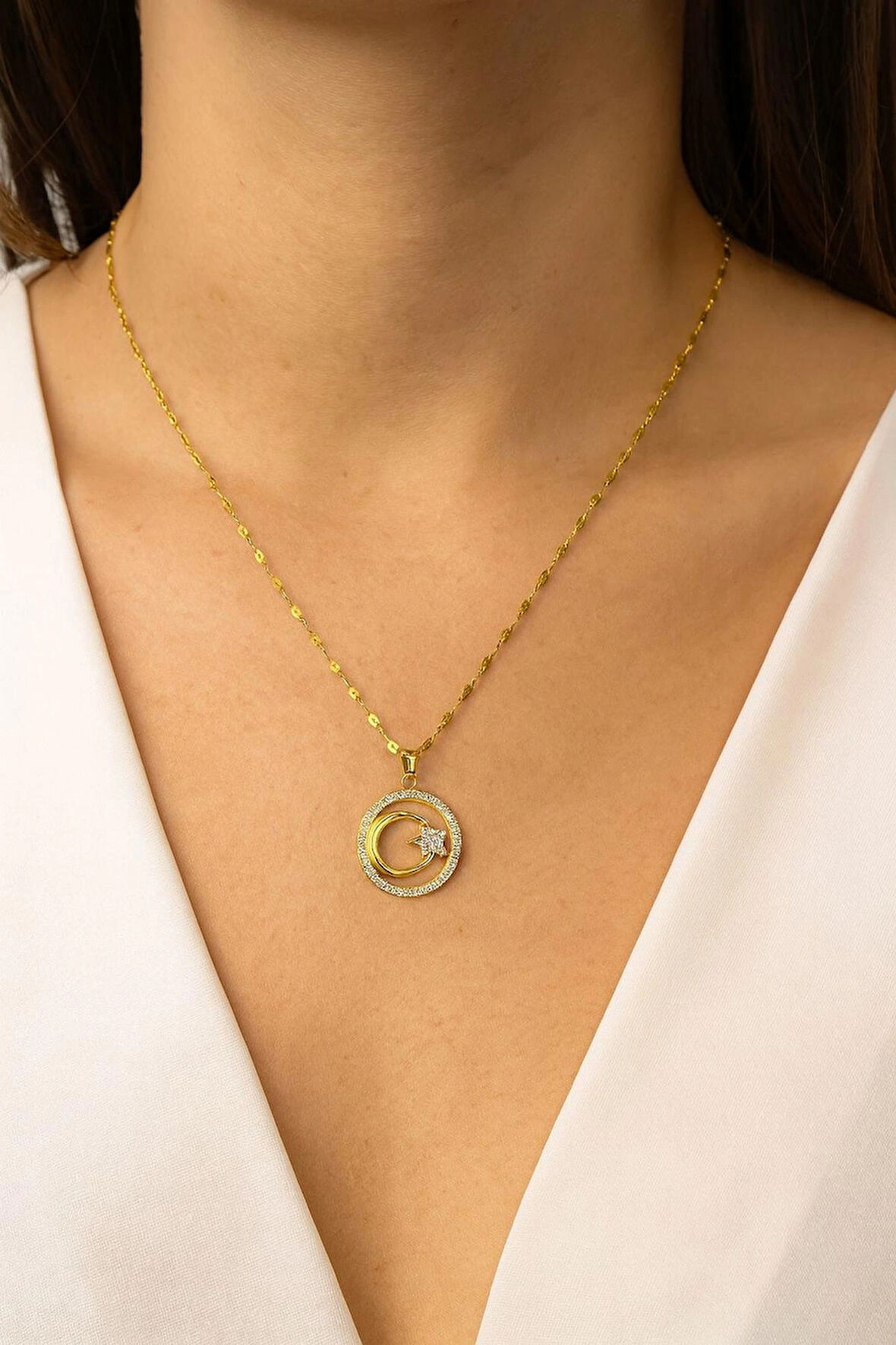 ZİRKON TAŞLI AYYILDIZ KOLYE GOLD KAPLAMA ÇELİK