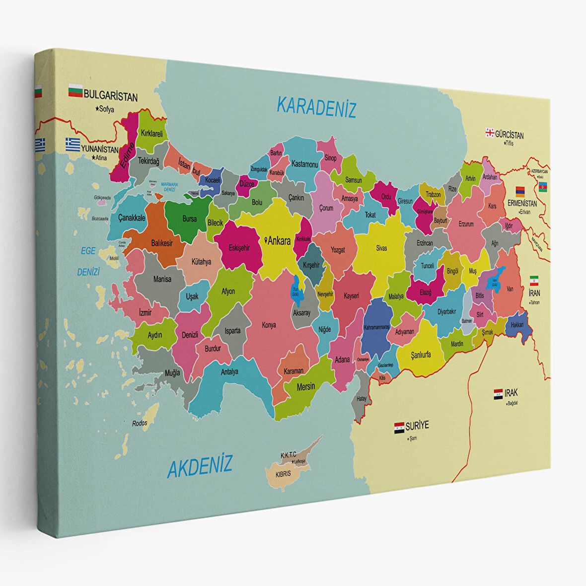 Harita Sepeti Türkiye Haritası Kanvas Tablo Sınır Komşulu Eğitici Dekoratif Tablo 3080