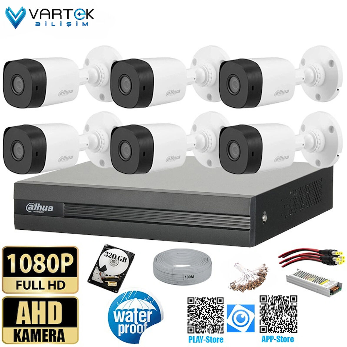 6 Kameralı 320GB Harddiskli 30m Gece Görüşlü Full HD Güvenlik Kamera Seti