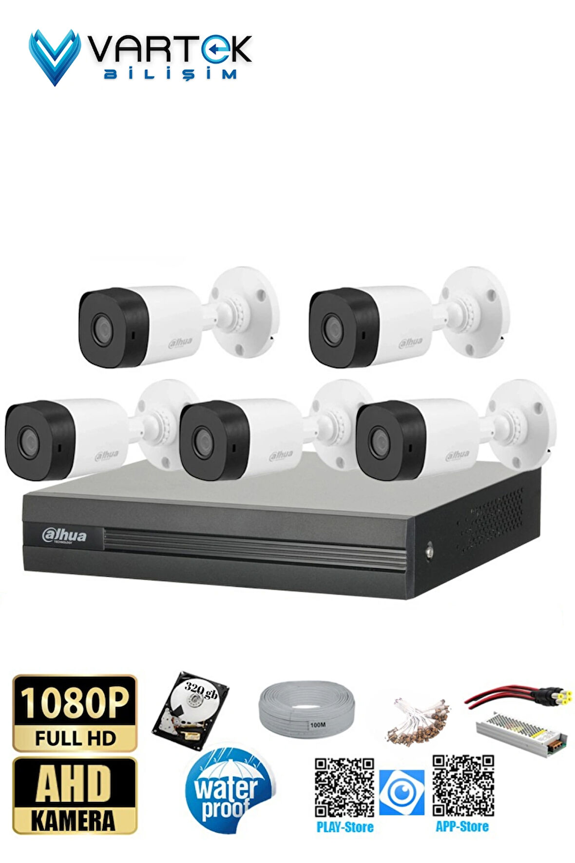 5 Kameralı 320GB Harddiskli 30m Gece Görüşlü Full HD Güvenlik Kamera Seti