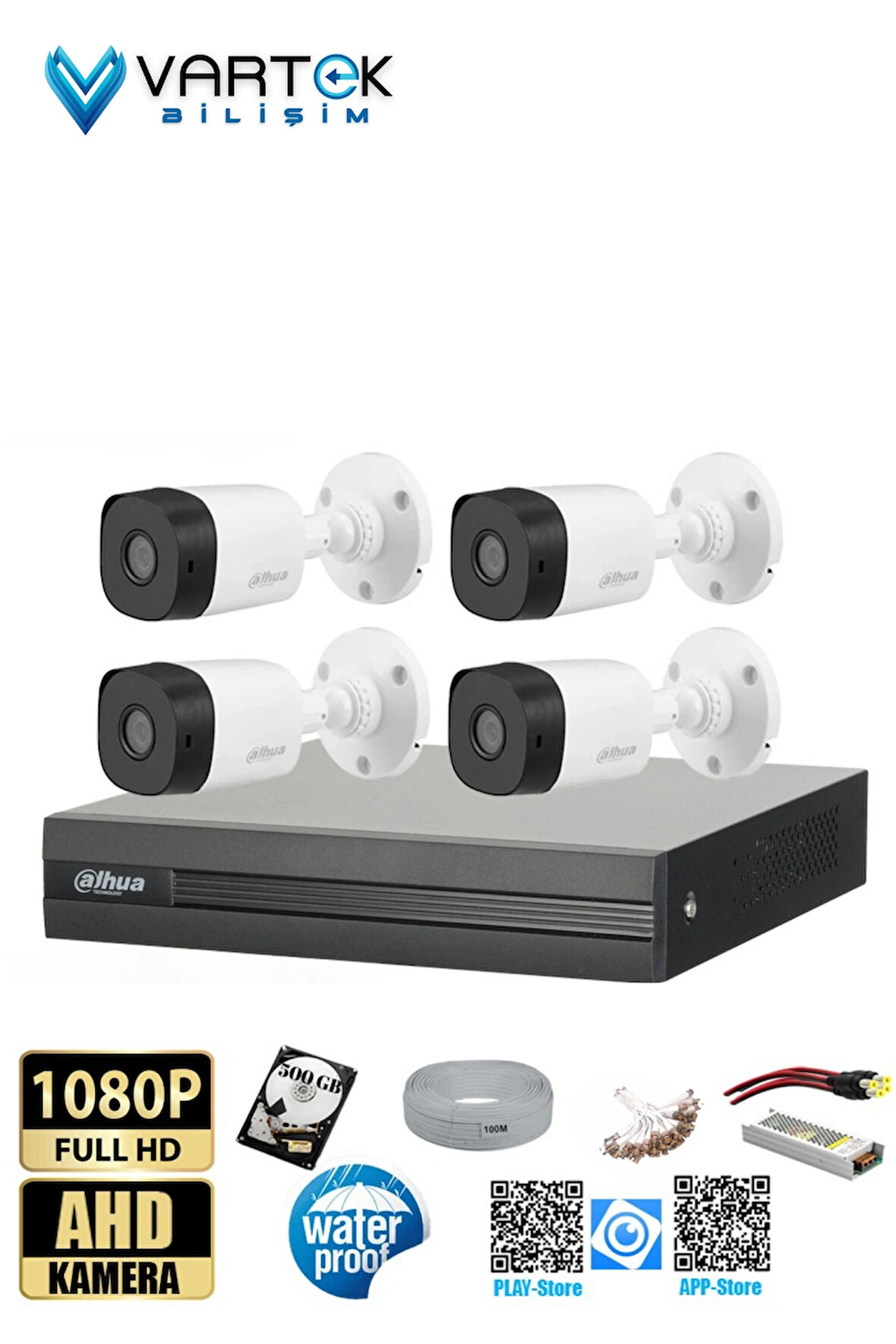 4 Kameralı 500GB Harddiskli 30m Gece Görüşlü Full HD Güvenlik Kamera Seti