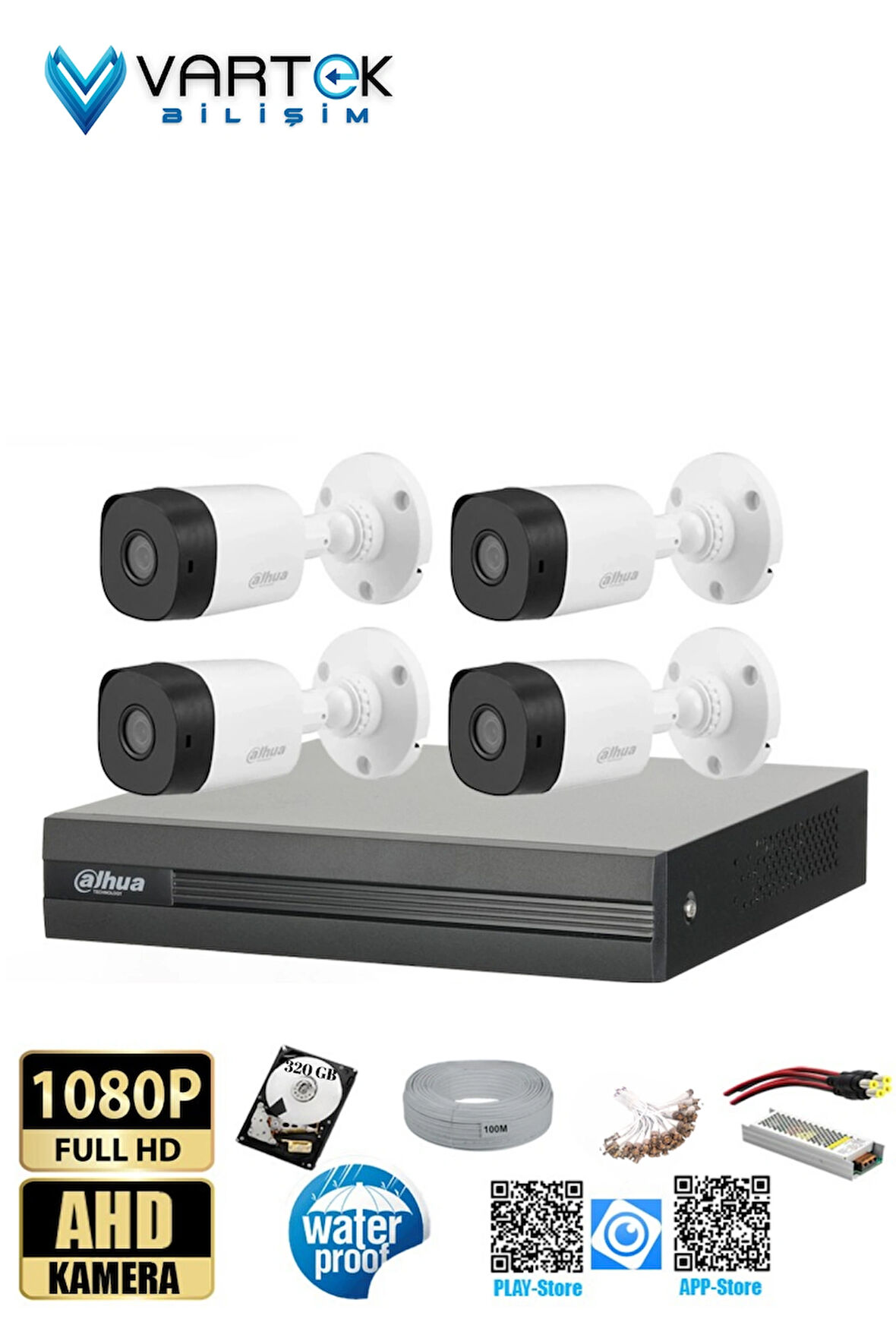 4 Kameralı 320GB Harddiskli 30m Gece Görüşlü Full HD Güvenlik Kamera Seti