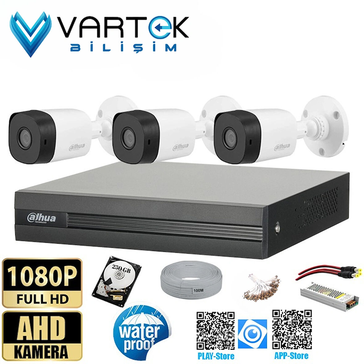 3 Kameralı 250GB Harddiskli 30m Gece Görüşlü Full HD Güvenlik Kamera Seti