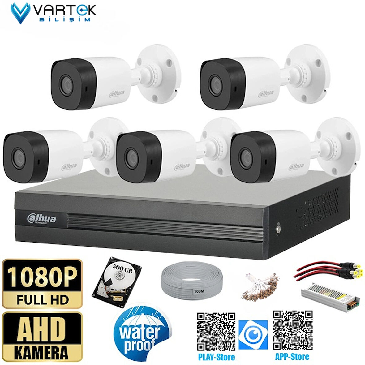 5 Kameralı 500 GB Harddiskli 30m Gece Görüşlü Full HD Güvenlik Kamera Seti