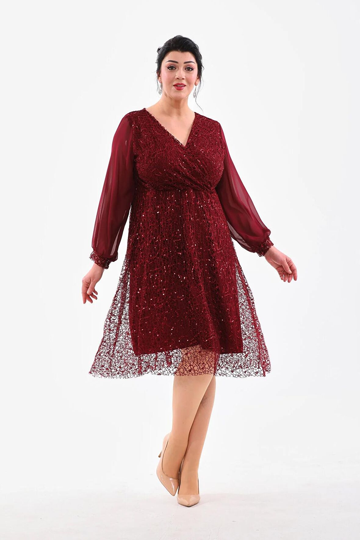 ABİYE PAYET KRUVAZE YAKA ŞİFON KOL DETAY ESNEK PAYET MİDİ ABİYE ELBİSE 3083