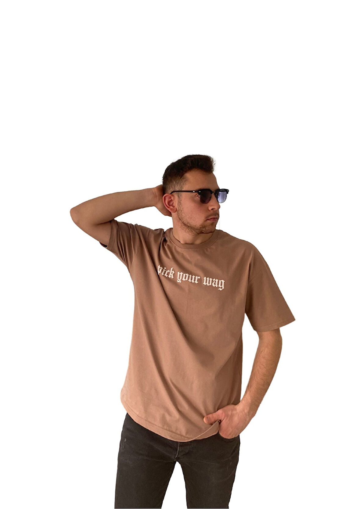 Erkek Tişört Baskılı Bisiklet Yaka Oversize Kahverengi Comfort T-shirt Erkek Tshirt