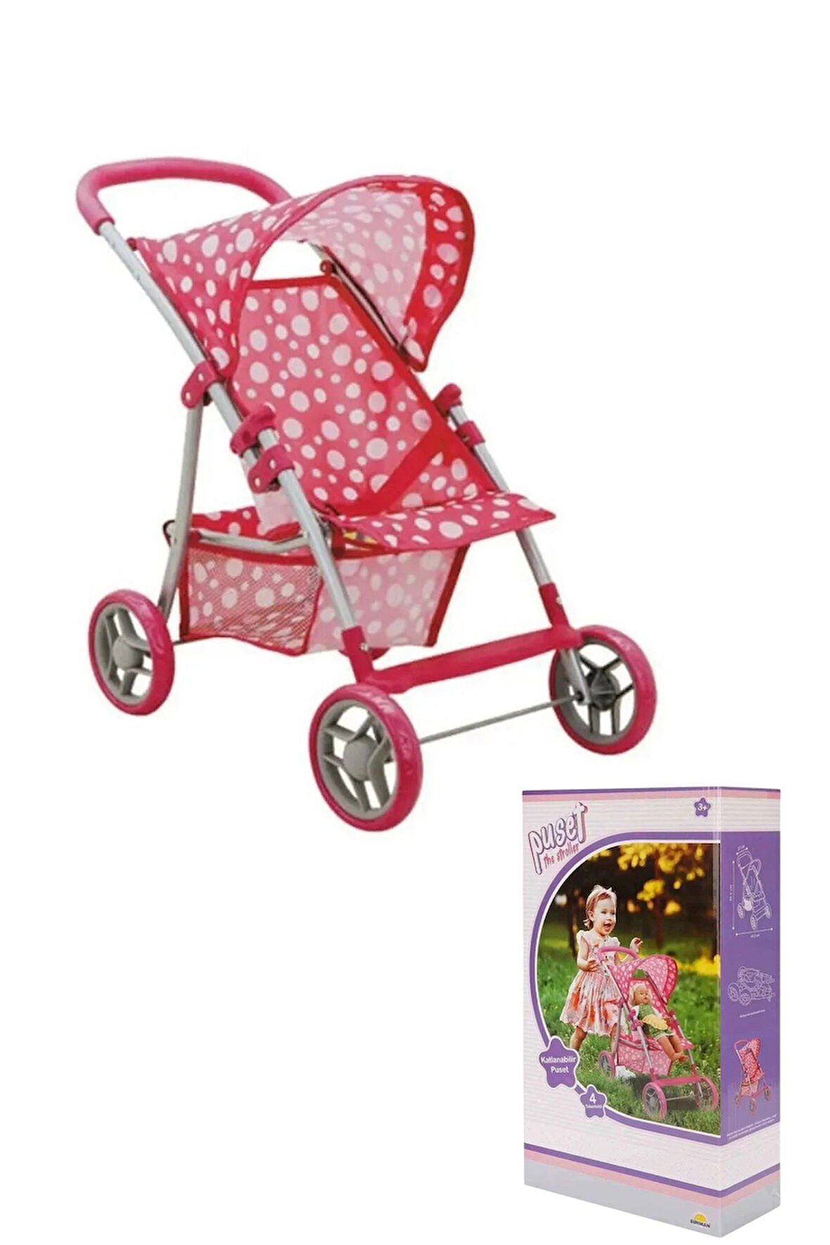 Puantiyeli Tenteli 3 Tekerlekli Metal Oyuncak Bebek Puseti