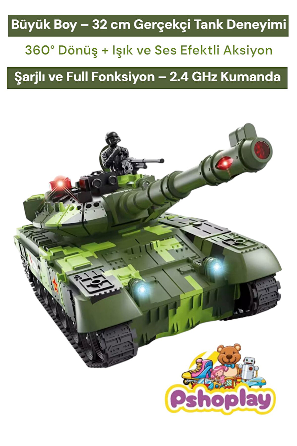 Kumandalı Büyük Boy Şarjlı Tank – 32 cm, Sesli, Işıklı ve 360° Dönüşlü RC Oyuncak