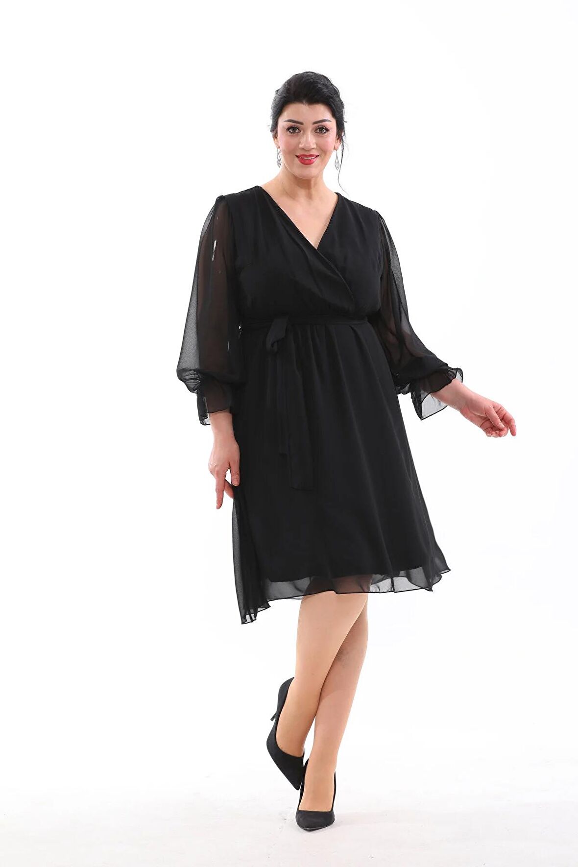 ABİYE KRUVAZE YAKA KOL UÇLARI LASTİKLİ MİDİ BOY BÜYÜK BEDEN ABİYE ELBİSE 3086