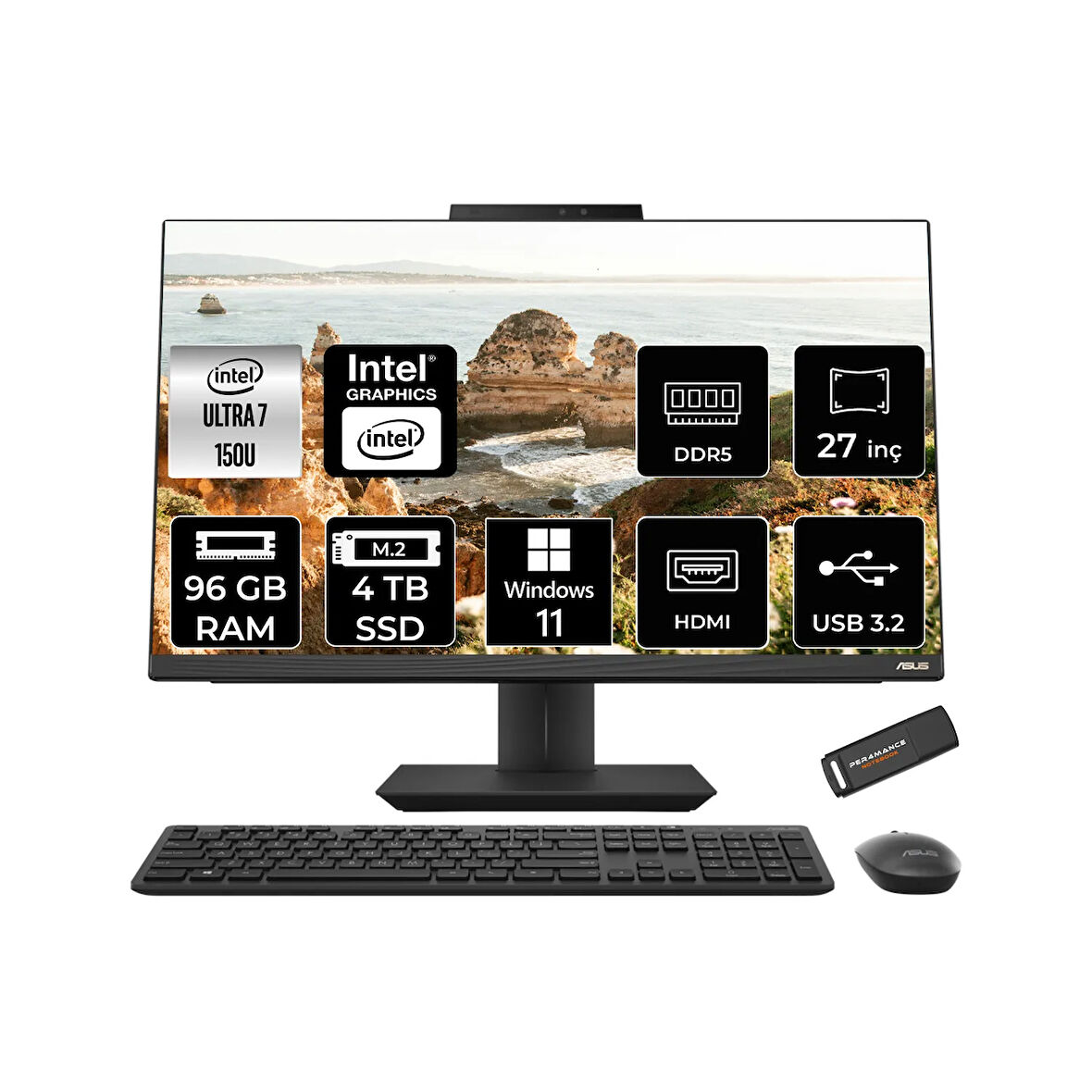 ASUS A5702WVARK Ultra 7 150U 96GB DDR5 4TB SSD Intel Graphics 27" FHD W11P Siyah All in One & PER4
