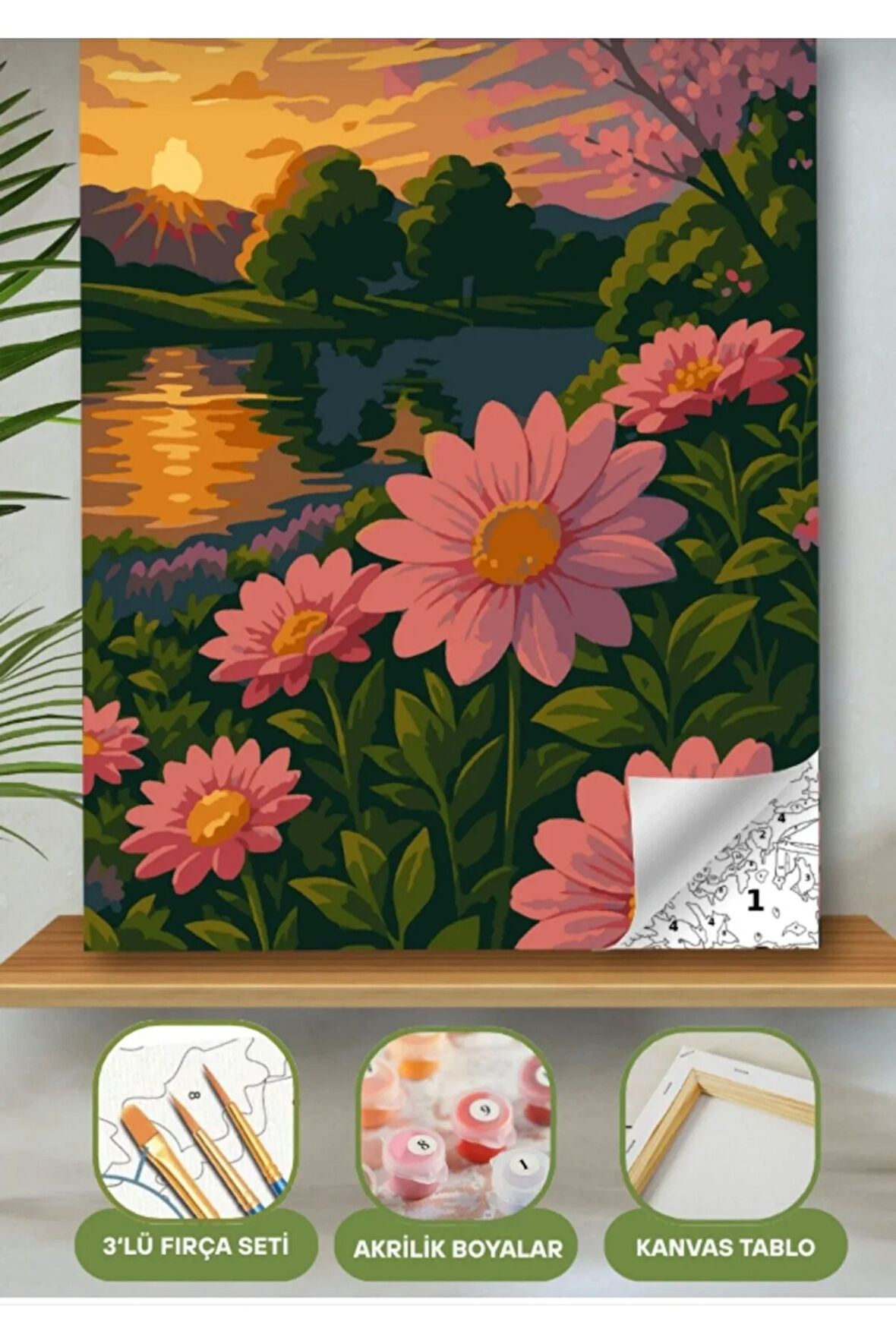 Sayılarla Boyama Seti 40x50 Cm (Çıtalı) Fırça Boya Dahil Numaralı Tuval Pembe Çiçekler