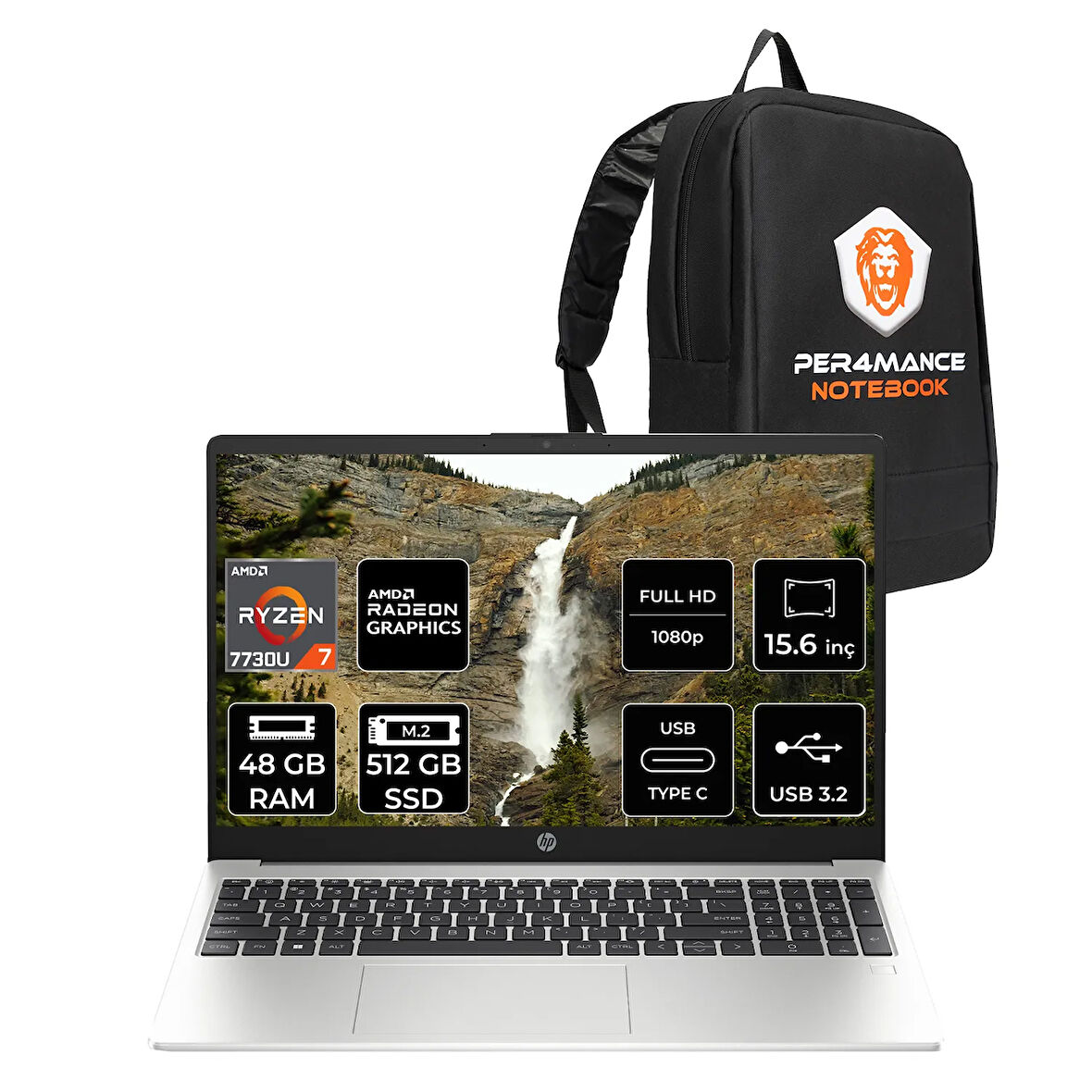 HP 255 G10 Ryzen 7 7730U 48GB RAM 512GB SSD 15.6'' IPS FHD FDOS Dizüstü Bilgisayar & PER4 ÇANTA