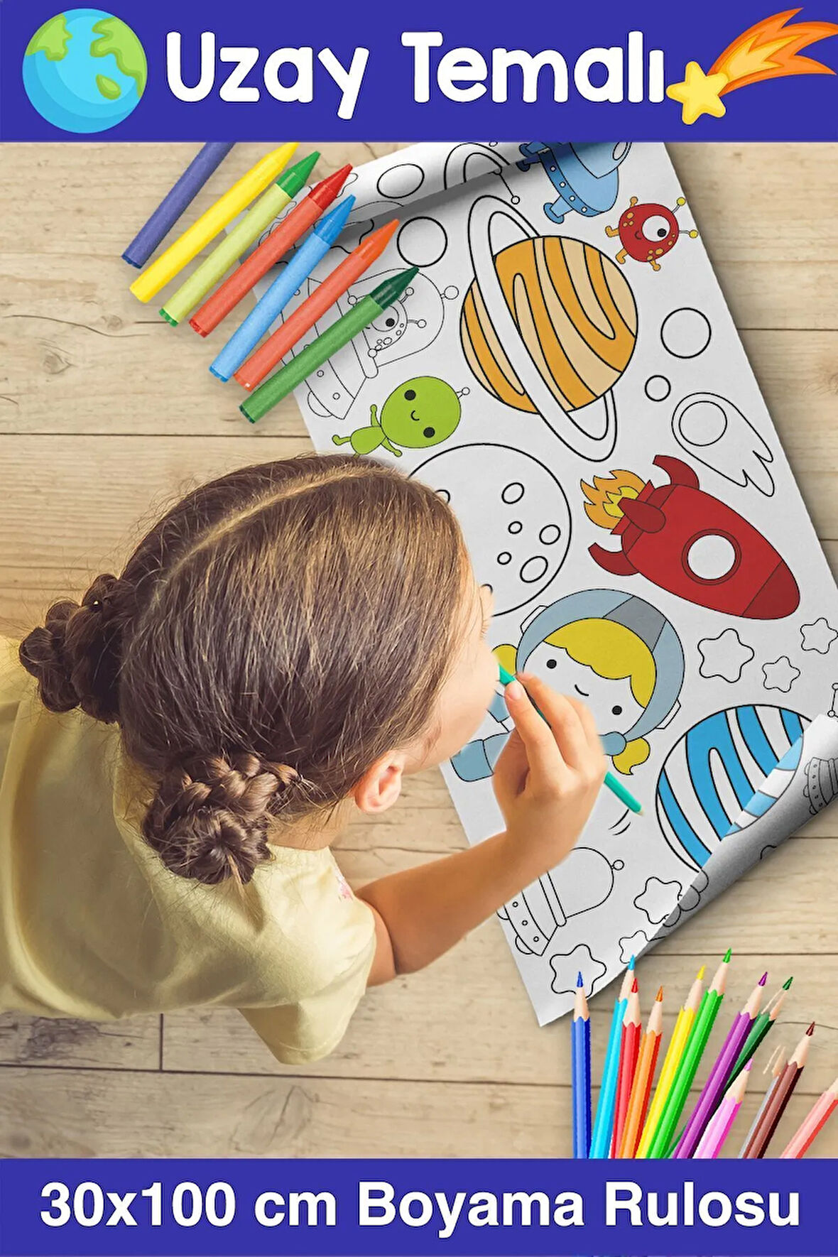 30 CM Uzay Ve Gezegenler Dev Boy Boyama Kağıdı - Space Kids Coloring Roll - Giant Painting Paper