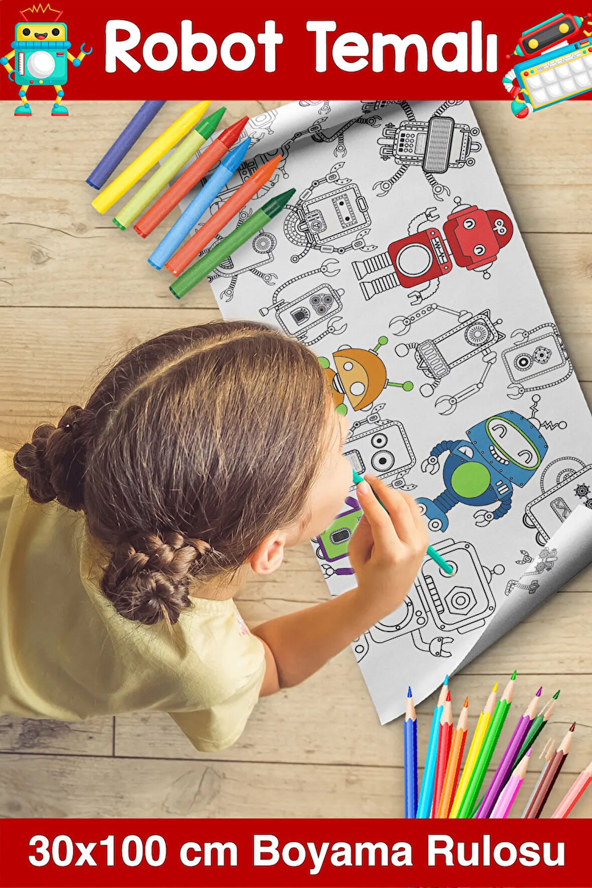 30 CM -  Sevimli Robotlar Temalı Bebek, Kreş ve Çocuk Aktivite ve Boyama Rulosu - Kids Coloring Roll