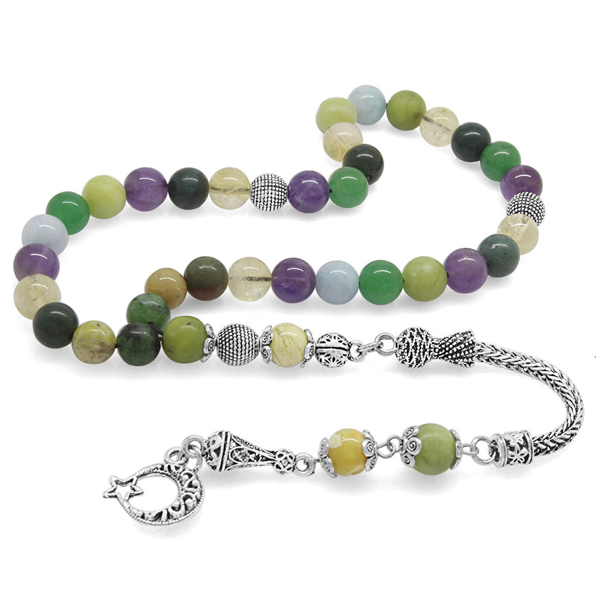 Kararmaz Metal Püsküllü Küre Kesim Çoklu Doğaltaş Kombinli Şifa Tesbihi