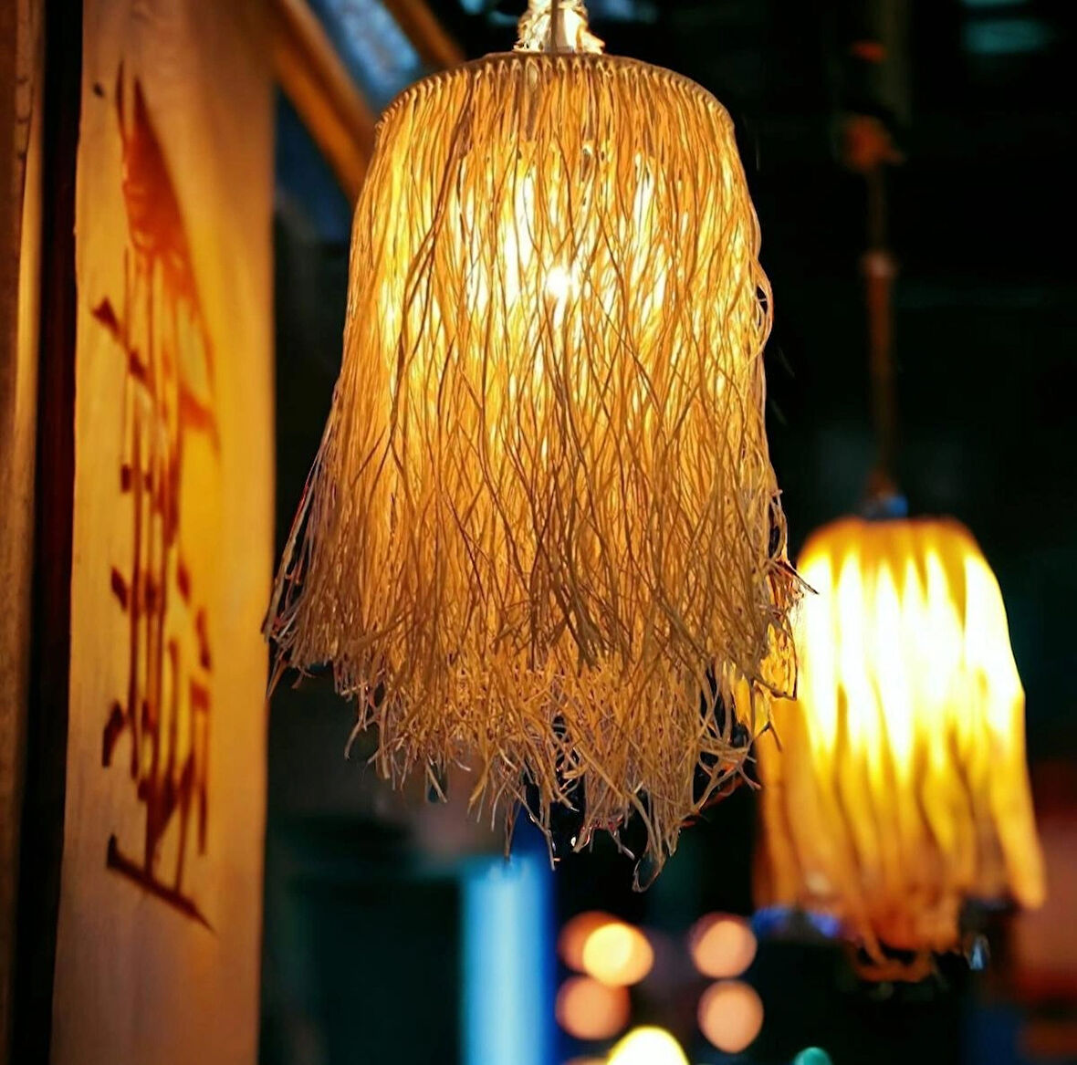 Hasır Püsküllü Avize Rafya Bohem Avize Kış Bahçesi Mekan Tasarım