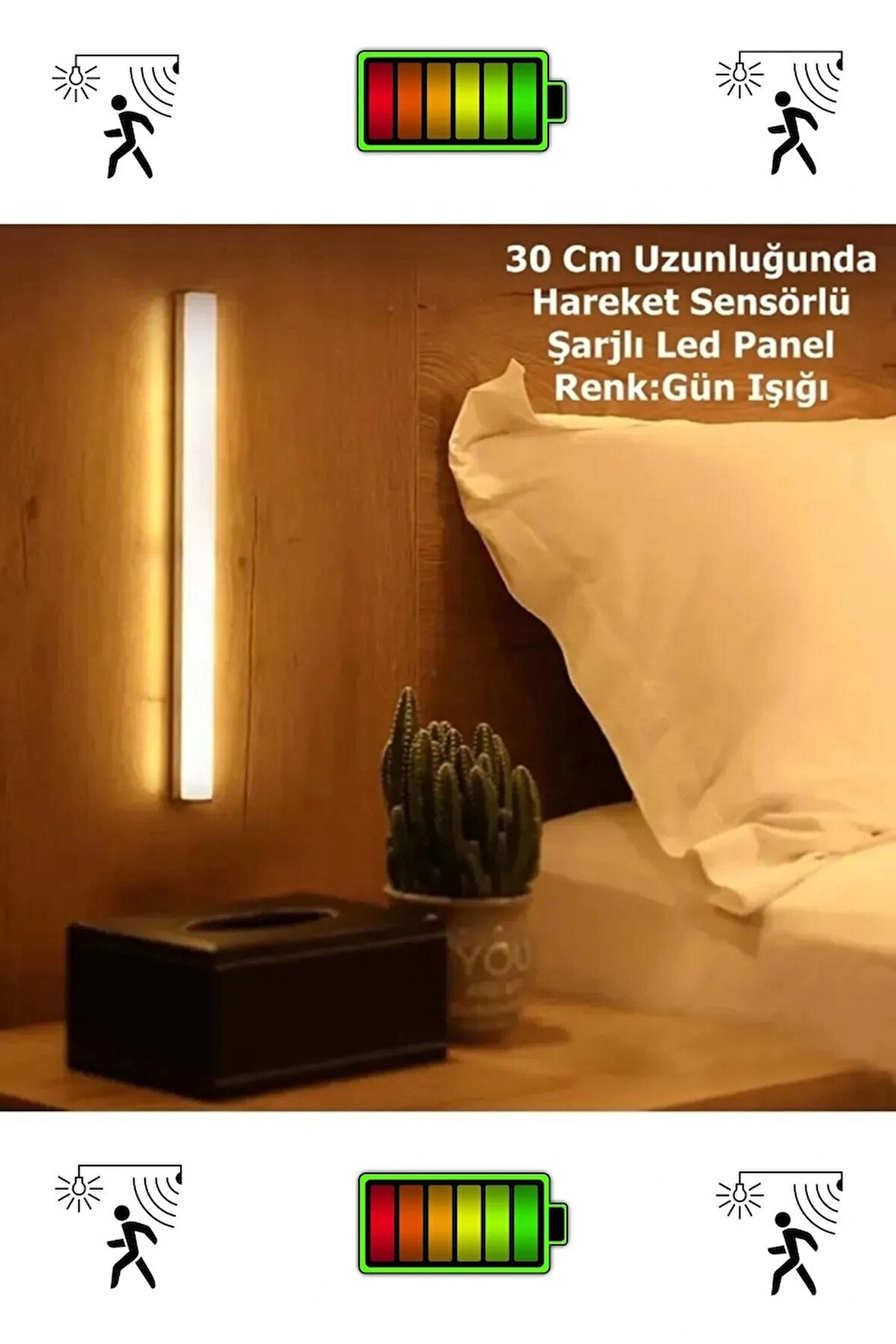 Hareket Sensörlü Şarjlı Led Lamba 30 cm Gün Işığı