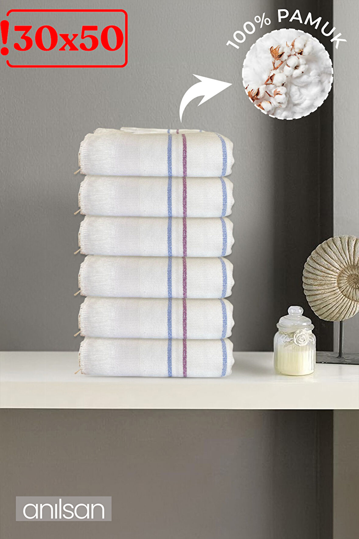 6'lı Beyaz Çizgili Düğün Havlusu 62Gr %100 Pamuk 30x50 cm El ve Yüz Havlusu