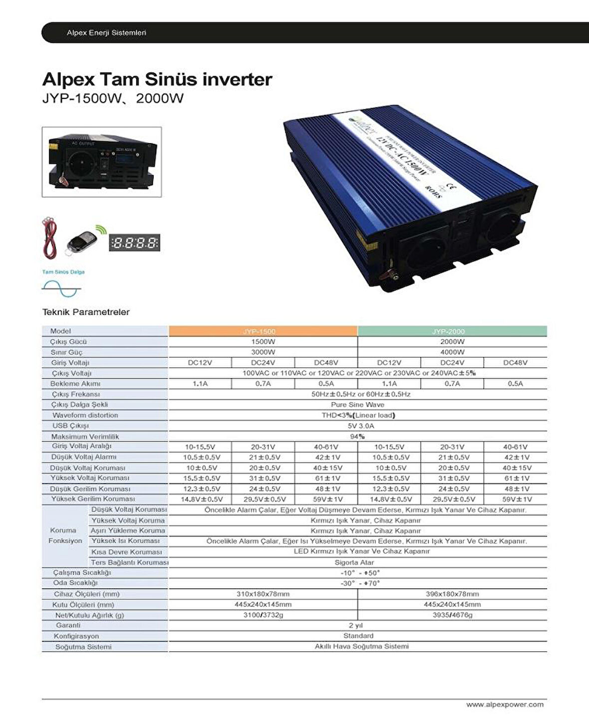 Alpex 2000 Watt 12 Volt Tam Sinüs İnverter