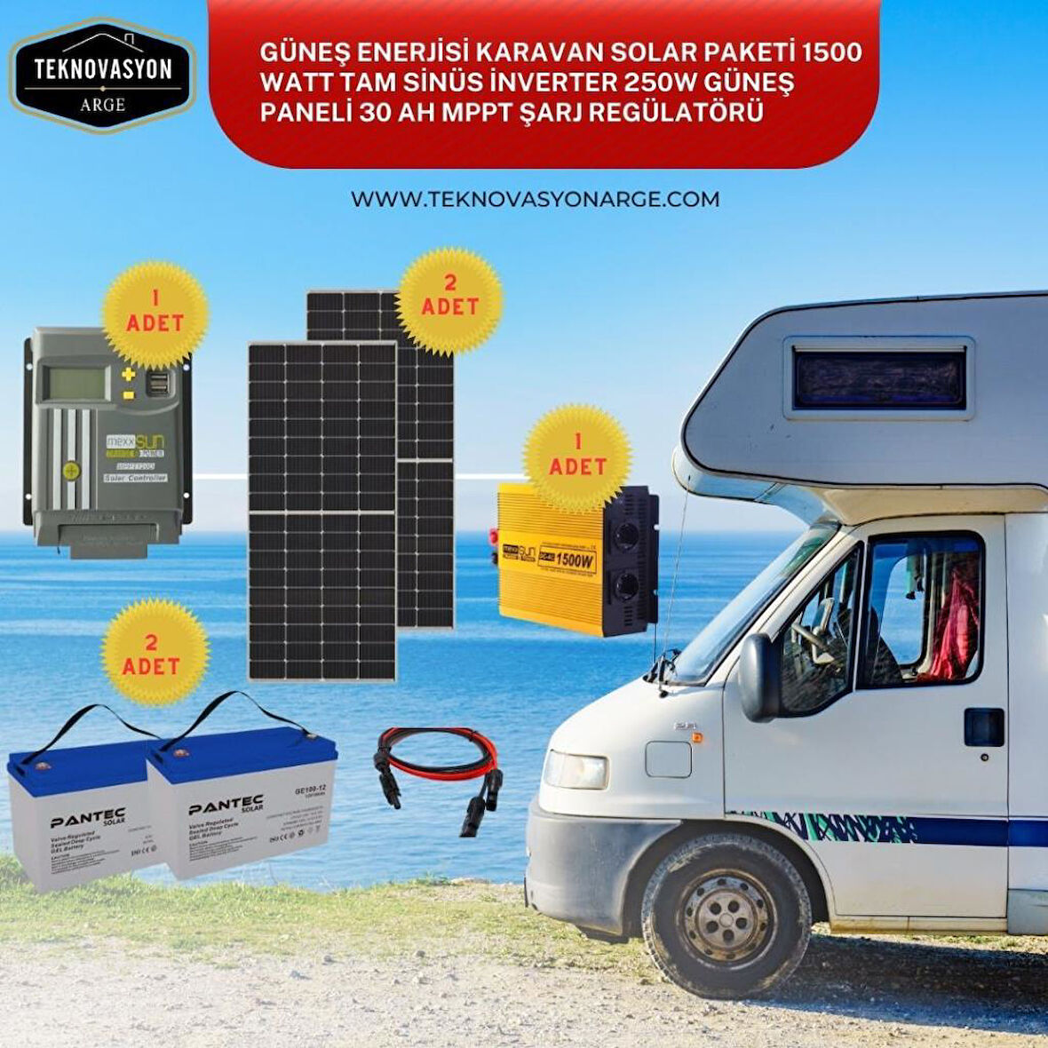 Teknovasyon Arge  Güneş Enerjisi Karavan Solar Paketi 30 Ah Mppt İnverter 250w Güneş Paneli