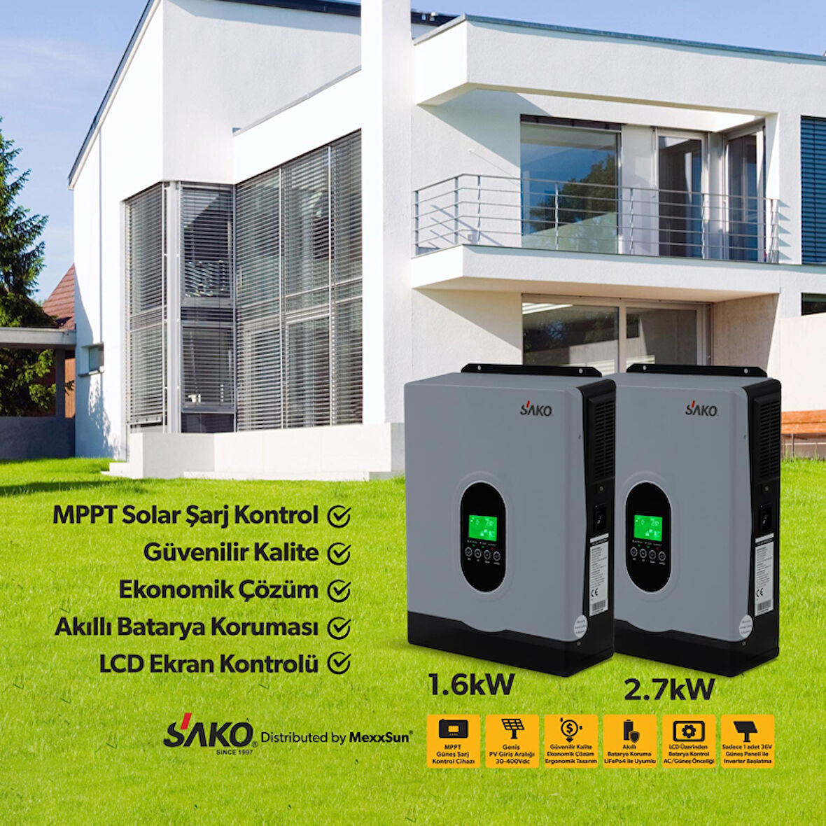 Sako E-sun 1.6 kW 12 V Mppt Tam Sinüs Akıllı İnverter