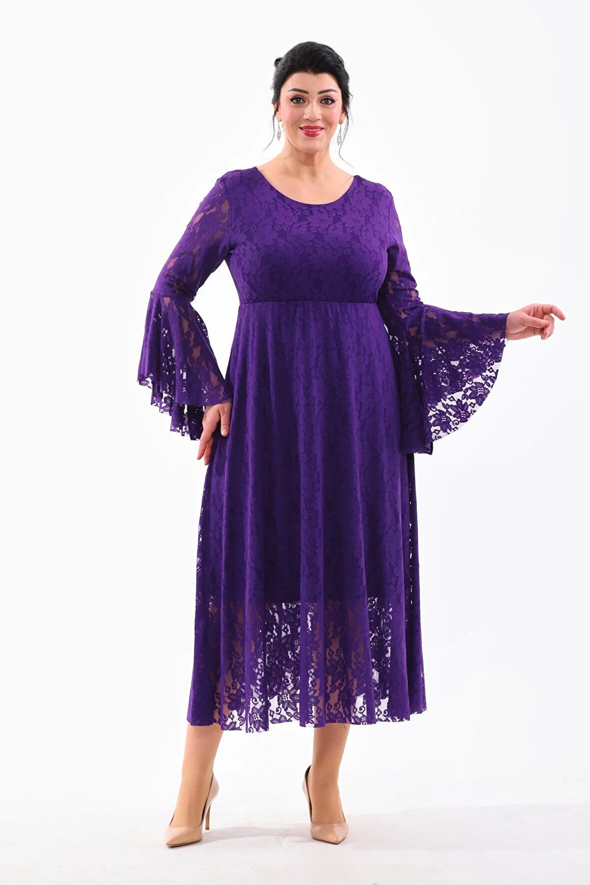 ABİYE DANTEL YUVARLAK YAKA VALON KOL ETEĞİ KİLOŞ BÜYÜK BEDEN SBİYE ELBİSE 3103