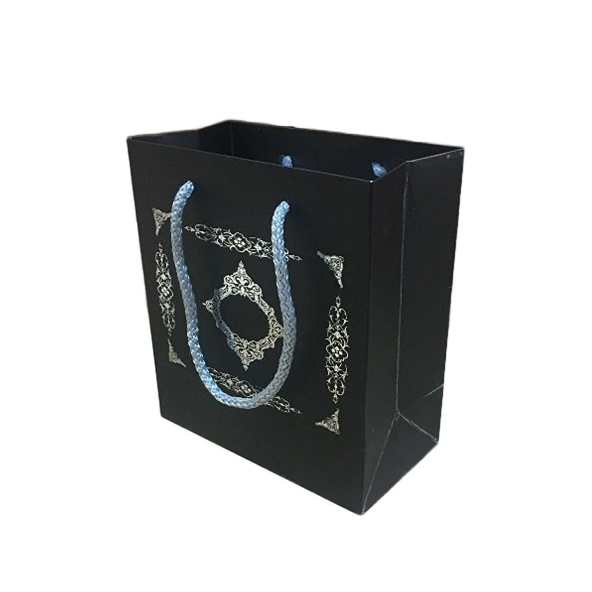 Karton İpsaplı Hediye Çantası Saray Desenli Gümüş 15X17X8 10 Adet  Siyah