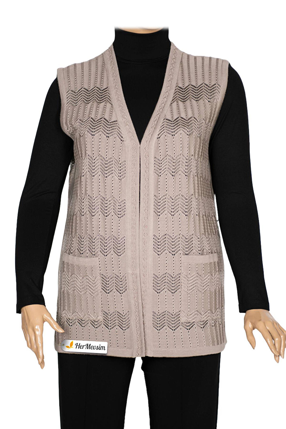 Hesna Kadın Gökçe Triko Ajurlu Boncuklu Cepli Taş Beji Yelek