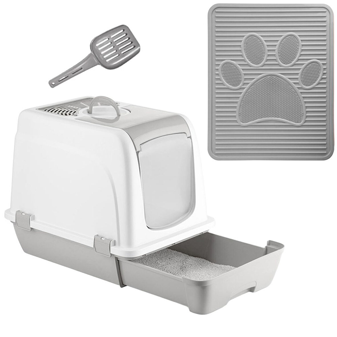 Orta Boy Çekmeceli Kapalı Kedi Tuvaleti Paspas ve Kürek Hediyeli